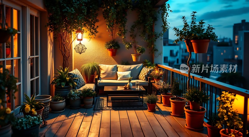 温馨阳台绿意盎然夜晚灯光下的休闲角落