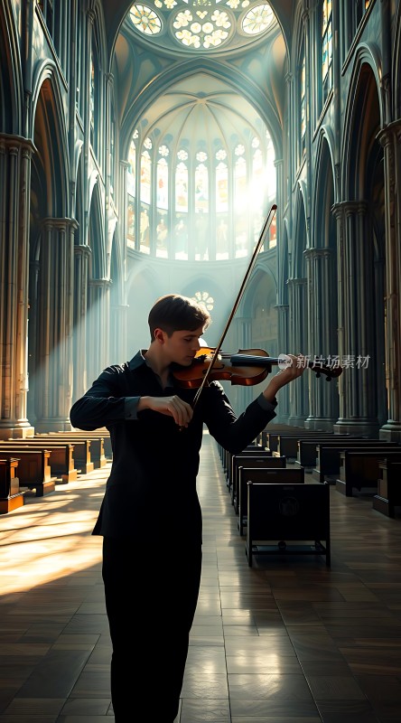 教堂中演奏小提琴的男子