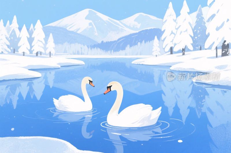 雪景湖面天鹅插画