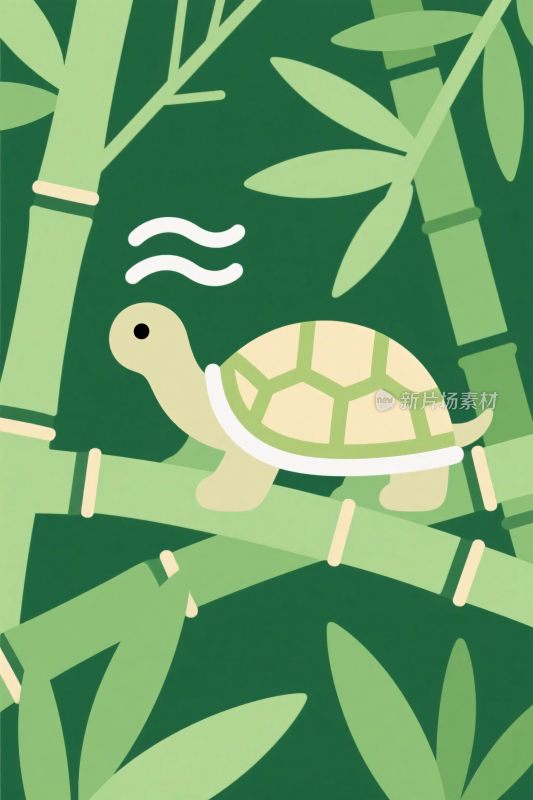 卡通乌龟与竹子插画