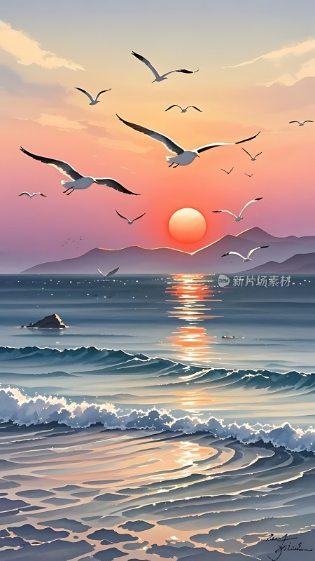 海鸥翱翔日落时分的海洋