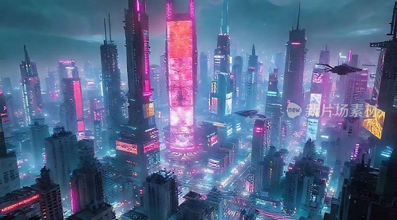 未来都市夜景霓虹闪烁的高楼大厦