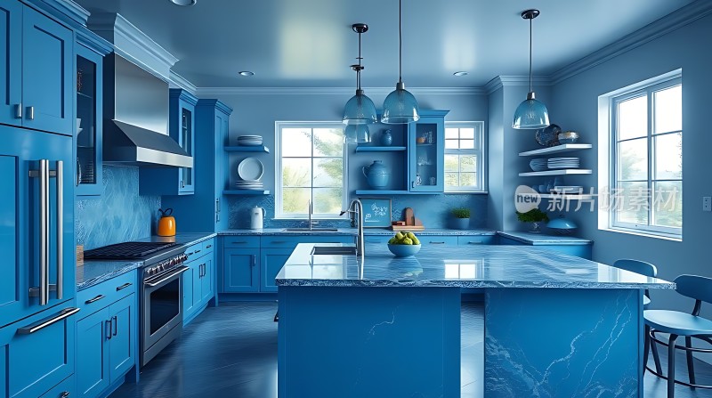 蓝色调厨房现代简约风格明亮宽敞的空间