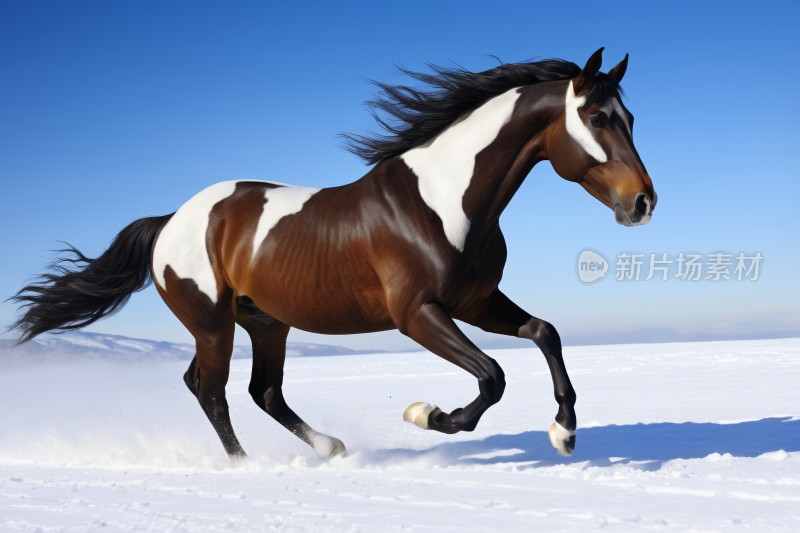 一匹马在雪地里奔跑高清图片