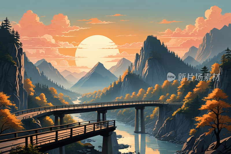 山中一座河桥的高清风景插画图片