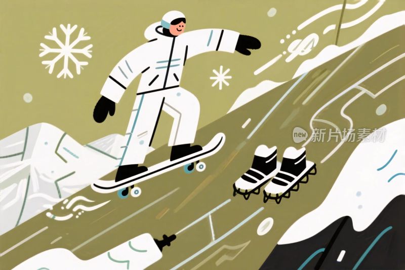 雪地滑板插画