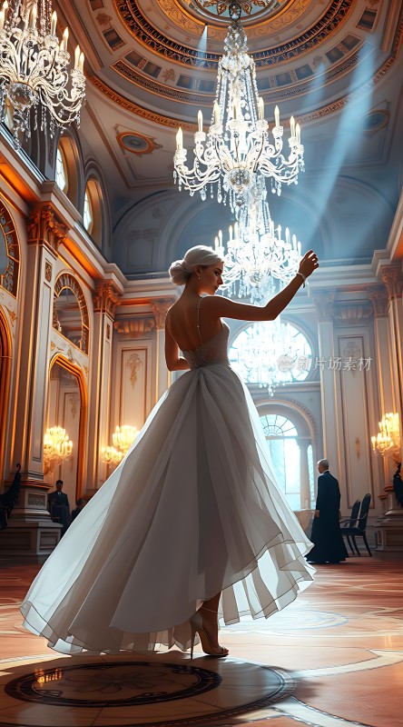 白色婚纱舞者华丽大厅光影交错
