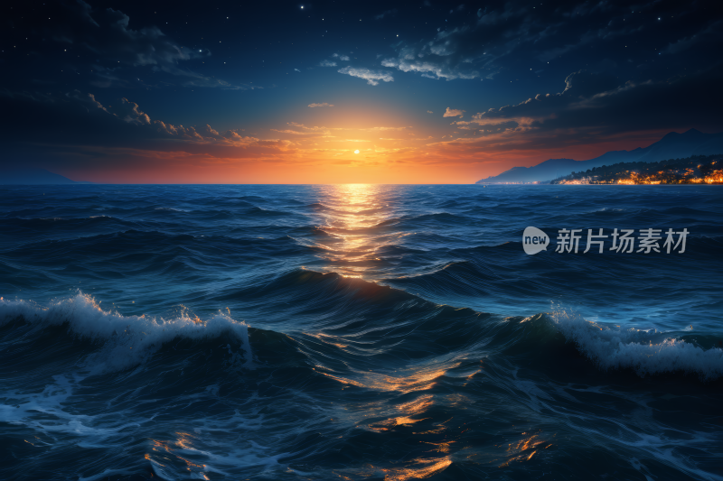 海上日落的掠影和海浪高清图片