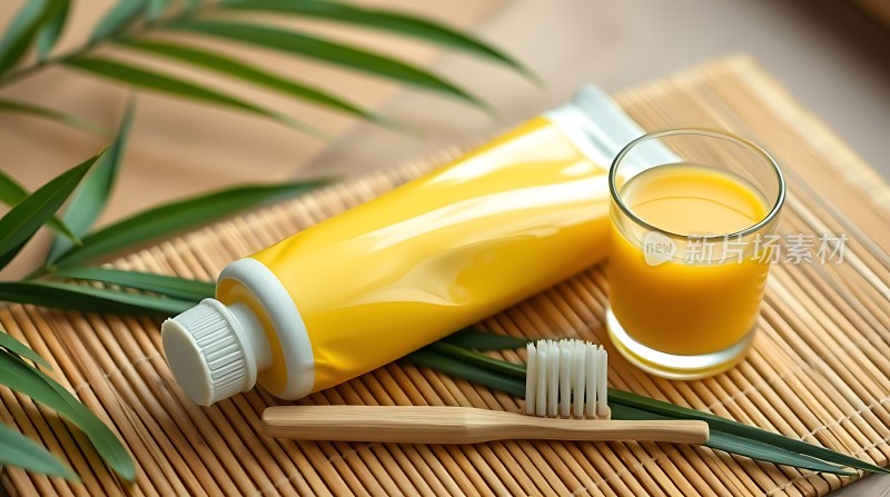 竹制牙刷与黄色牙膏和果汁