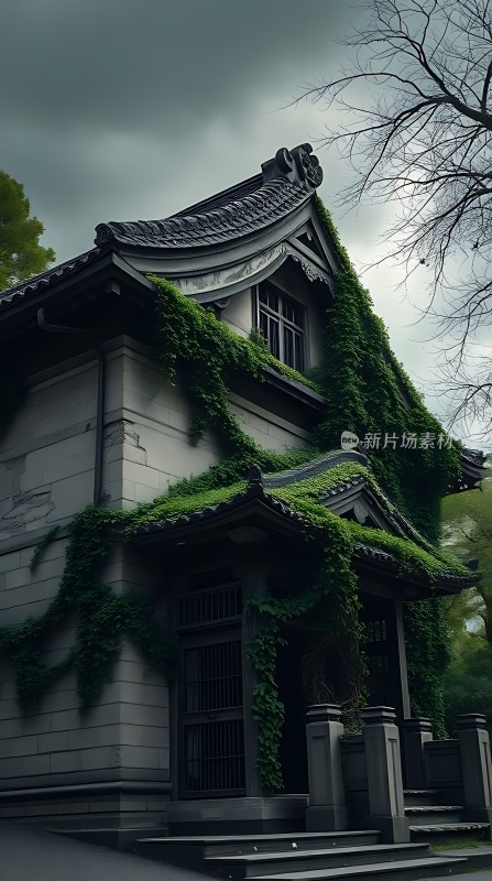 古宅绿藤缠绕神秘而宁静