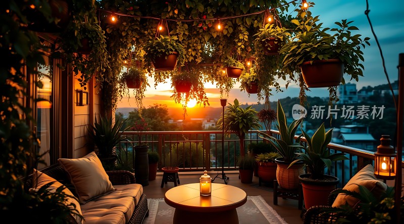 日落下的温馨露台绿意盎然灯光璀璨