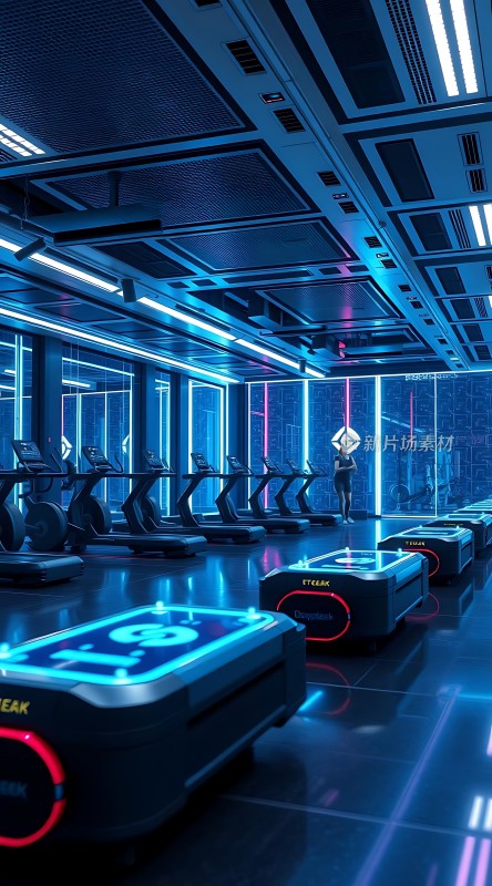 未来科技感健身房蓝色灯光下的跑步机与动感单车