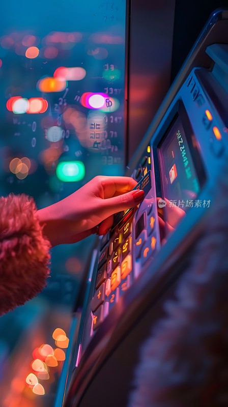 夜幕下的ATM机前一只手正在操作