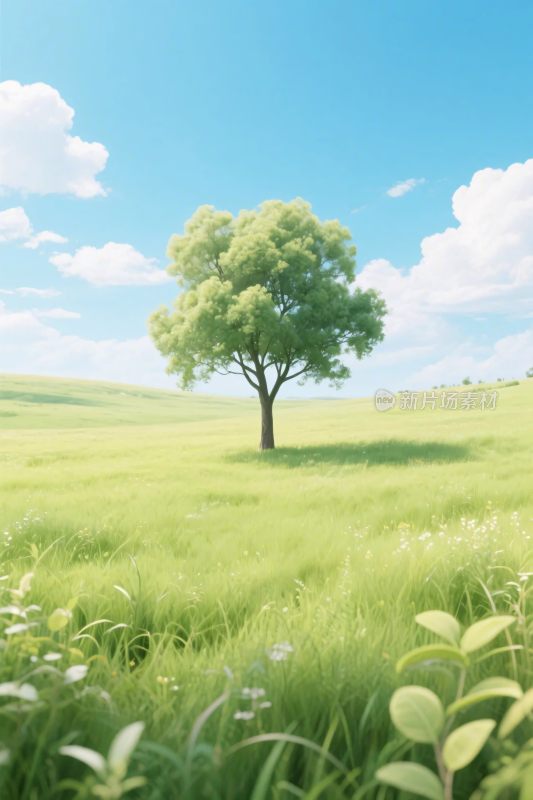 草地孤树风景插画