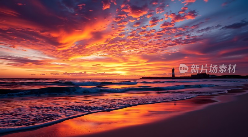 日落时分的灯塔与海浪