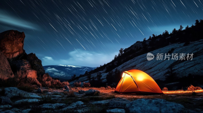 户外夜晚露营帐篷搭建冒险徒步旅行星空山