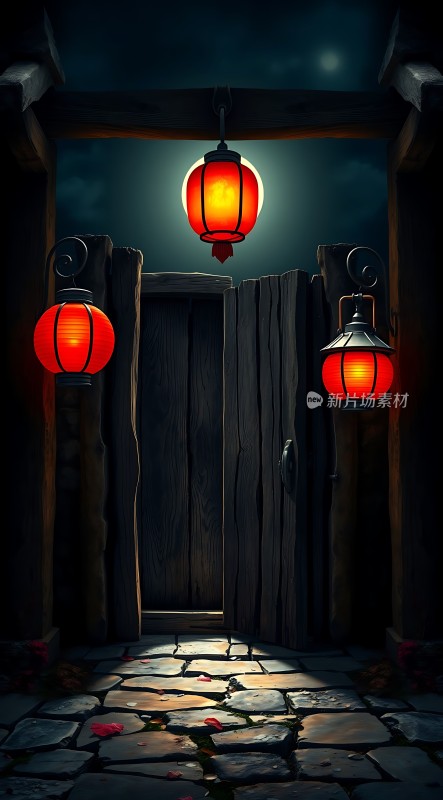 灯笼下的神秘木门
