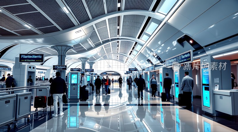 现代机场自助值机区旅客办理登机手续