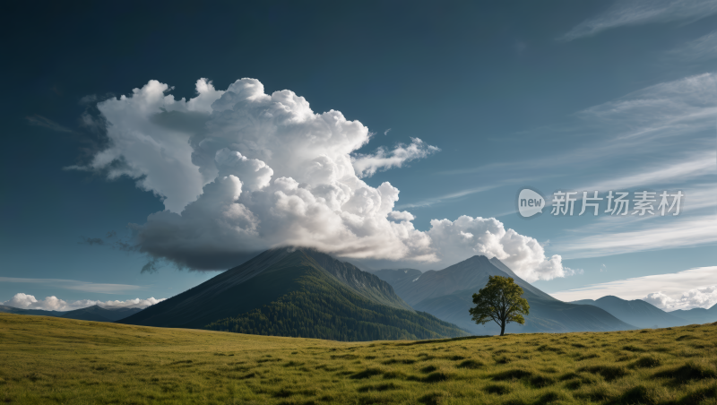 一棵孤独的树在草地上一座高山清风景图片