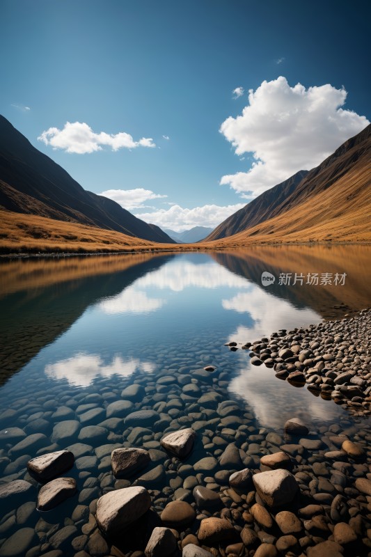 一个湖湖中间有岩石和水高清图片