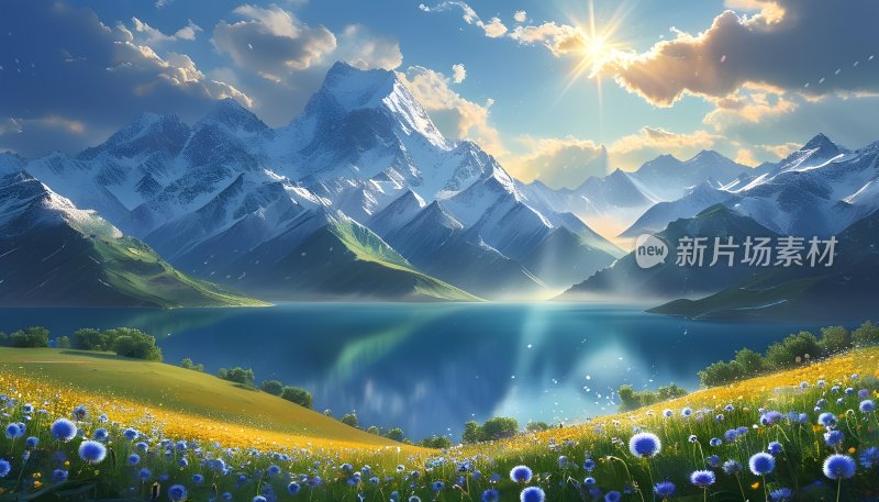 雪山下的宁静湖泊 雪山 湖泊 草地 鲜花