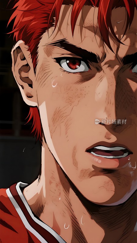 红发少年汗水浸透的坚定目光