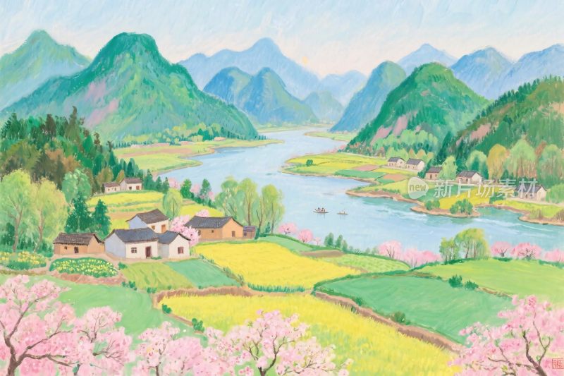 乡村山水田园风景插画