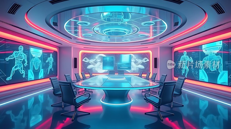 未来科技会议室蓝色与红色灯光交织高科技感十足