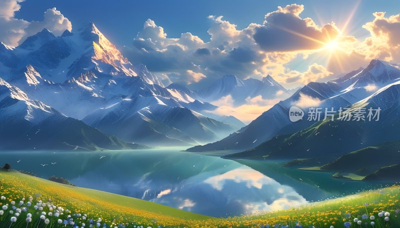 雪山下的宁静湖泊 雪山 湖泊 草地 鲜花