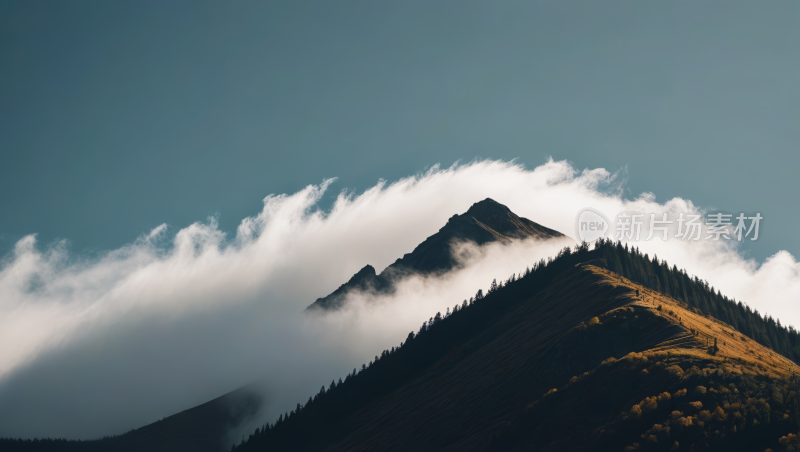 一座云彩覆盖在树上的高山清风景图片