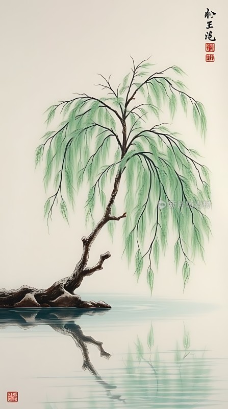 湖畔垂柳映水波