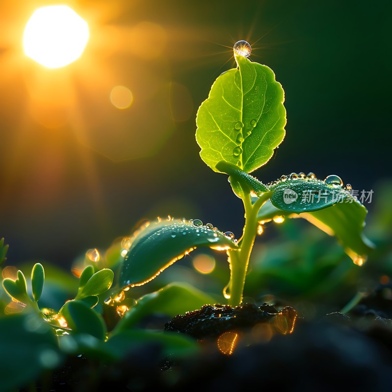 阳光下的嫩芽与露珠