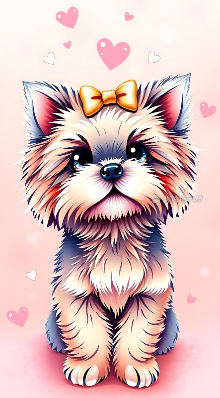 可爱小狗戴蝴蝶结背景粉色爱心点缀