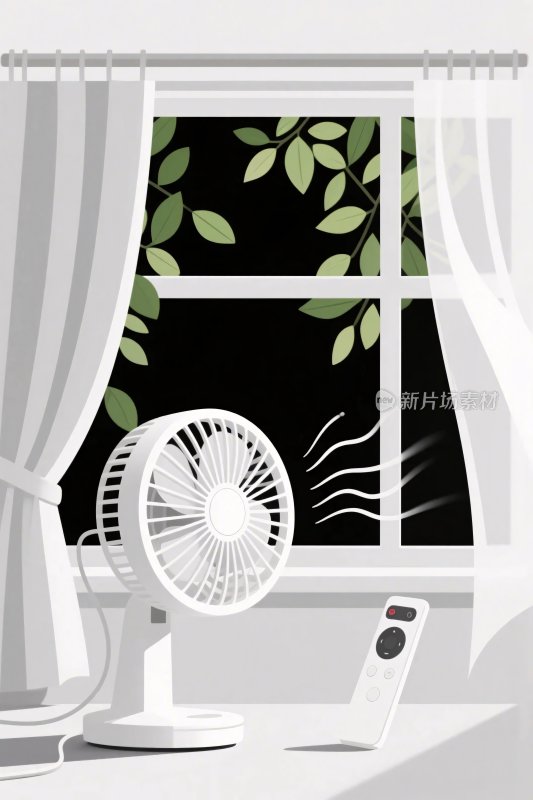室内电风扇与窗外绿植