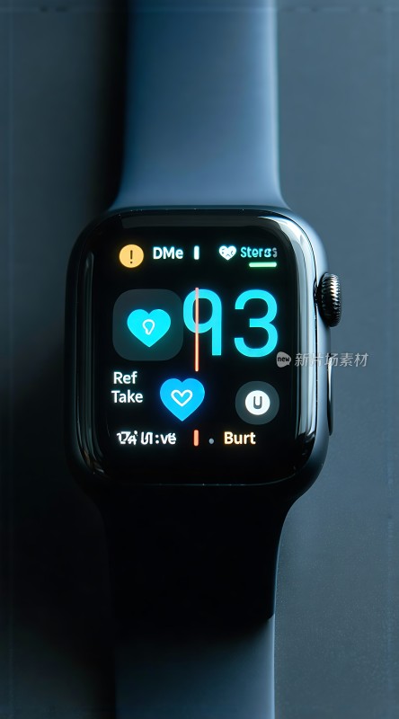智能手表显示93心率蓝色表带显眼