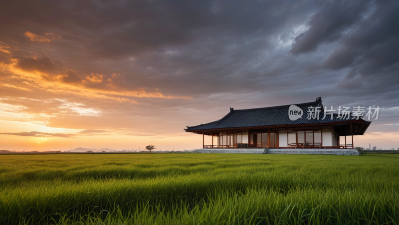 日落时分草地中央一座房子高清图片