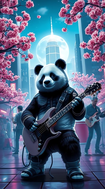 熊猫弹吉他城市夜景