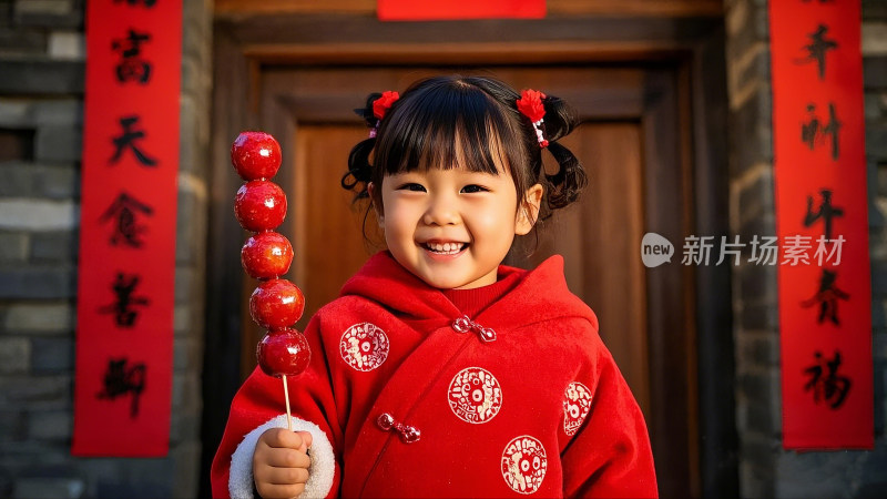 新年红衣女孩与糖葫芦