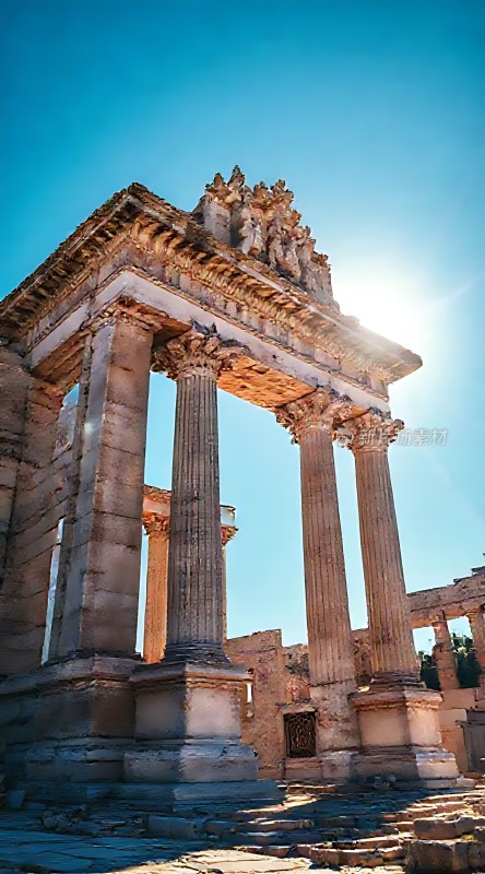 古罗马遗迹下的辉煌日落