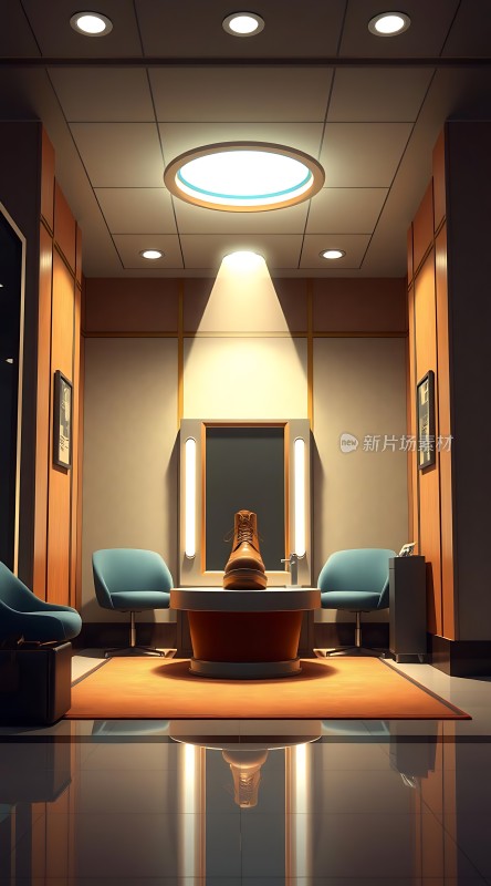 现代鞋店内部设计展示一双棕色皮鞋和蓝色座椅