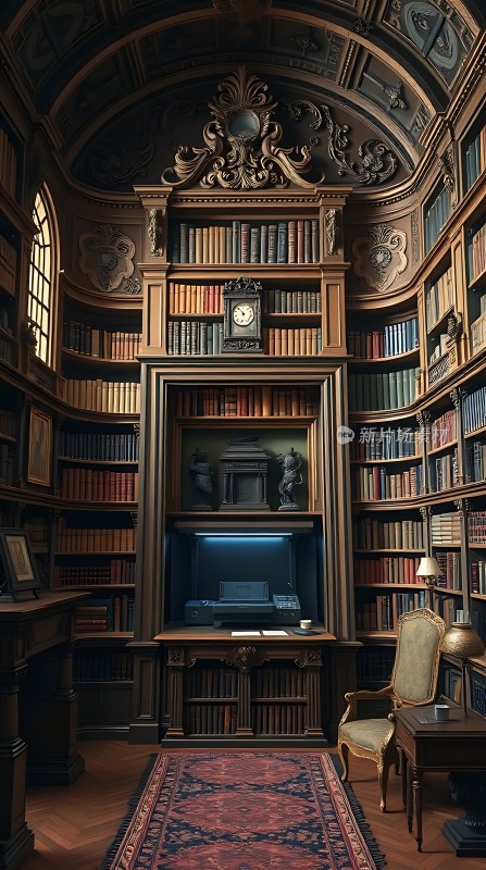 古董书架上的时钟与书籍