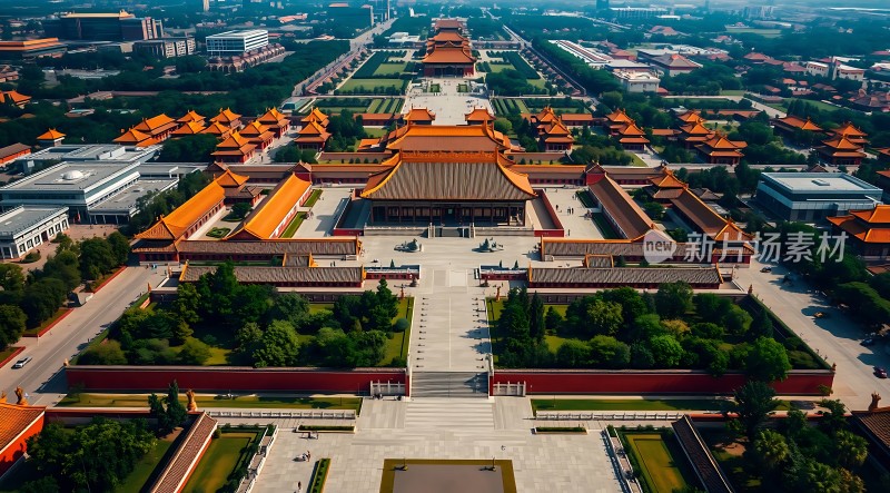 故宫全景红墙金瓦映古韵绿树成荫藏历史