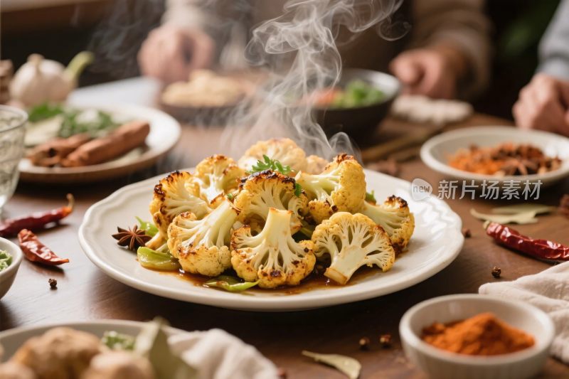 美食烤花菜餐桌场景