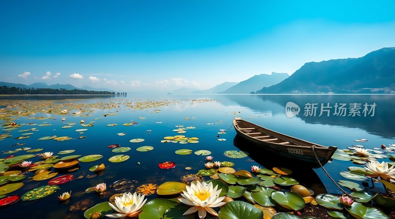 湖畔轻舟映荷花