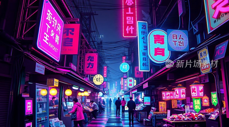 霓虹灯下的繁华夜市