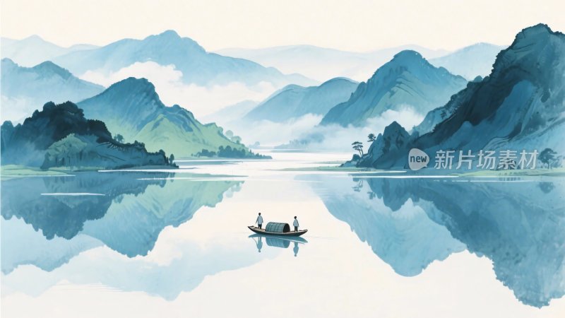 山水水墨湖景插画