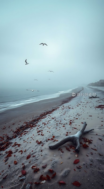 海边的枯木与飞翔的海鸥