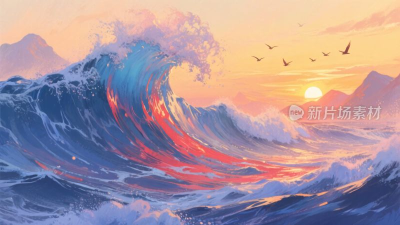 绚丽海上日落与翻涌海浪