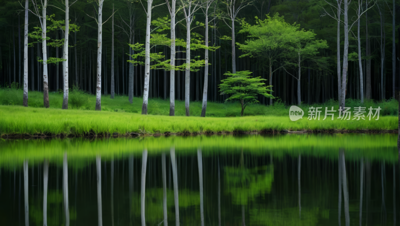 一片森林树木倒映在水中高清风景图片