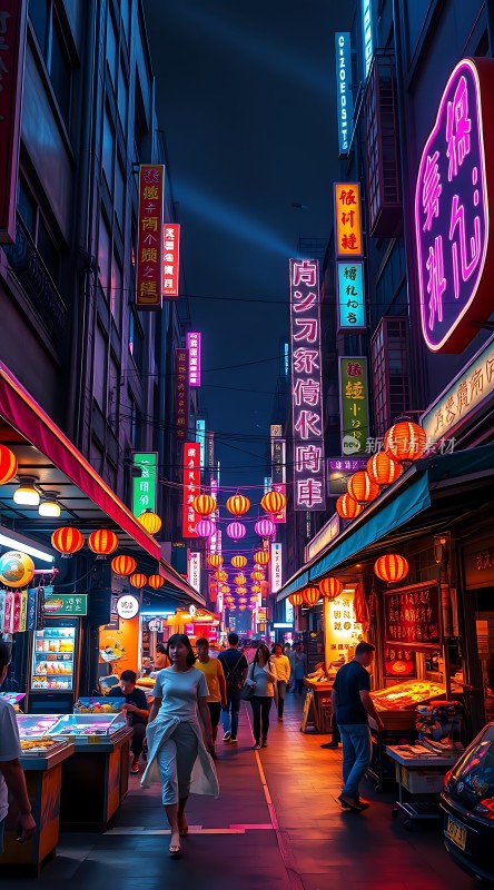 霓虹灯下的繁华夜市